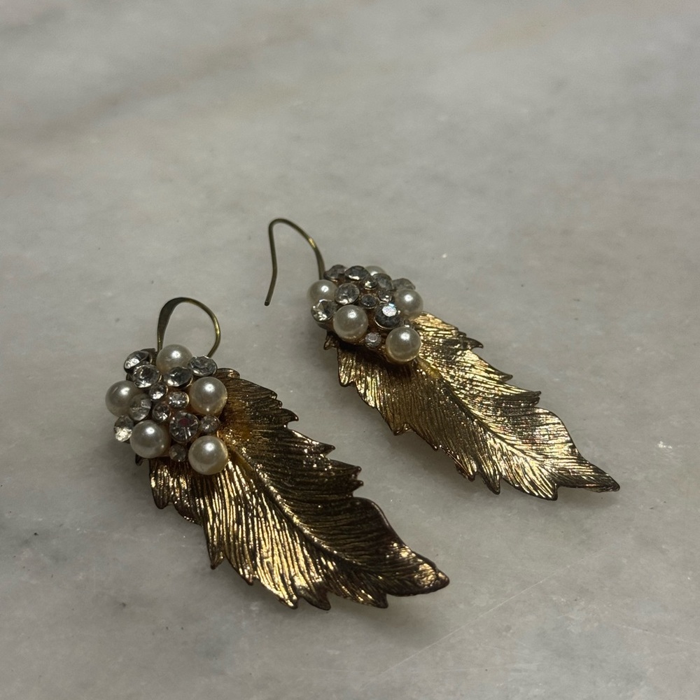 Anthropologie Gold Leaf Earrings with Pearl Clusters